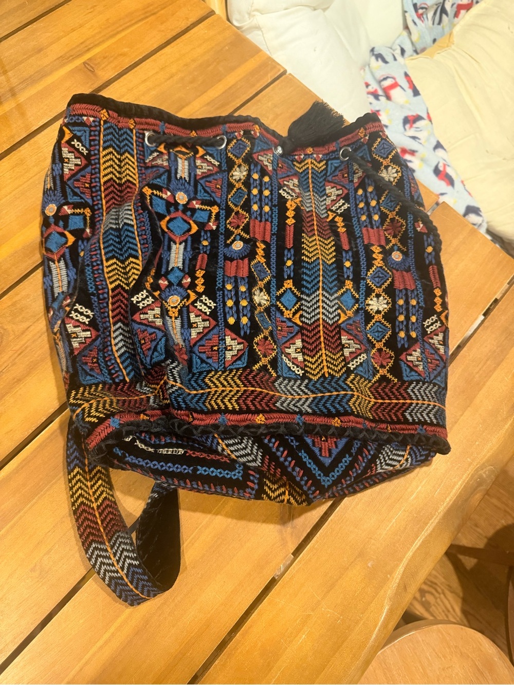 Johnny Was Multicolor Embroidered Drawstring Velvet Backpack